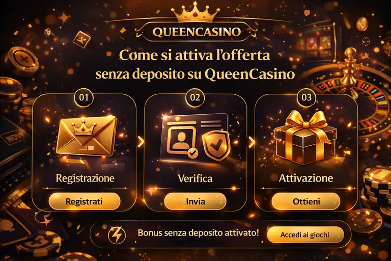 Flusso di attivazione del queen casino no deposit bonus in tre fasi: registrazione con dati personali, caricamento documento d'identità per KYC e accredito automatico del fun bonus dopo approvazione entro 24 ore