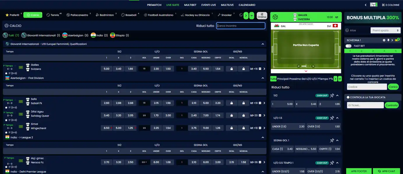 Interfaccia scommesse live Queen Casino con quote in-play aggiornate ogni 3-5 secondi, punteggio e statistiche dell'evento in tempo reale e pulsante Cash Out sulle scommesse attive