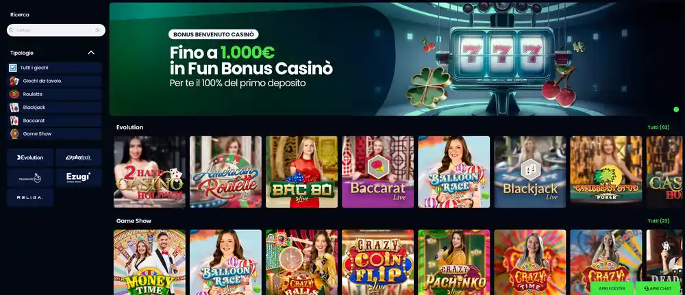 Sezione casinò live Queen Casino con 300 tavoli in streaming HD, roulette con croupier italofoni, blackjack VIP fino a 20.000 euro per mano e game show in sessione continua