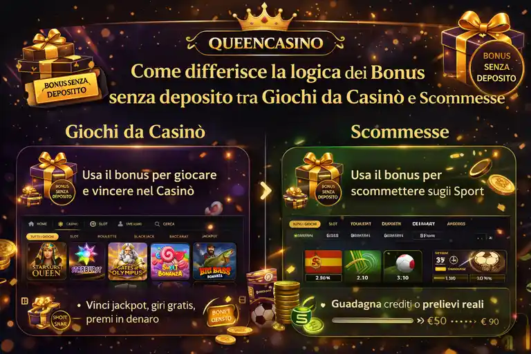 Interfaccia Queen Casino che mostra la separazione tra wallet fun bonus casinò e crediti scommesse sportive, con saldi distinti e regole di utilizzo indipendenti per le due sezioni