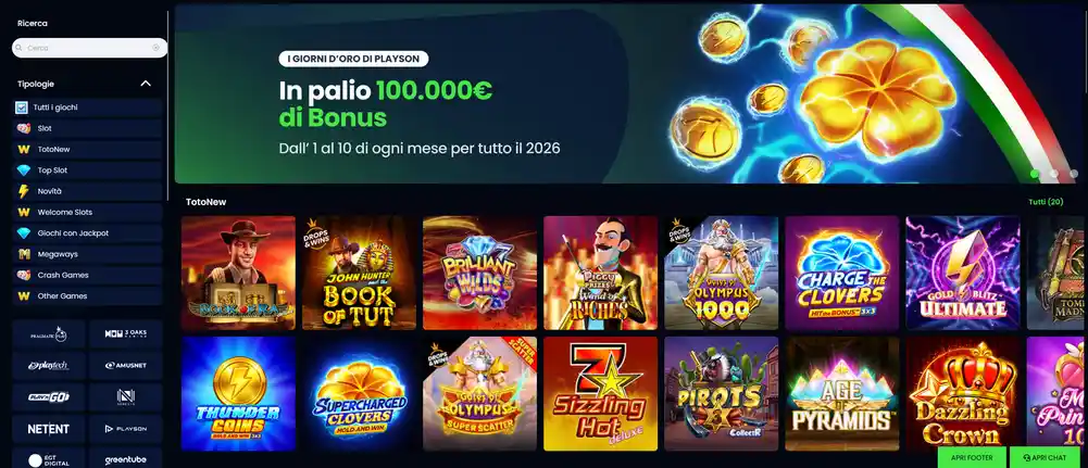 Catalogo slot del sito Queen Casino con 3.800 titoli filtrabili per provider, RTP e volatilità, anteprima delle schede con accesso alla modalità demo gratuita