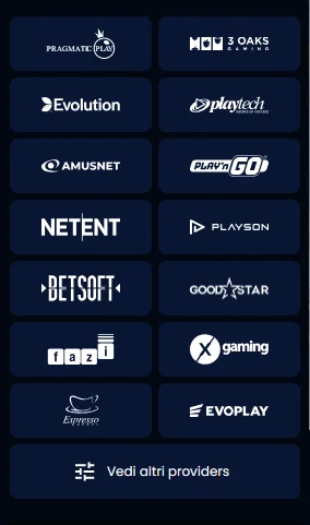 Griglia queen casino fornitori con loghi Pragmatic Play, NetEnt, Microgaming, Play'n GO, Greentube, Capecod, Evolution Gaming ed Ezugi con indicazione del numero di titoli per studio e link alla pagina filtrare per provider