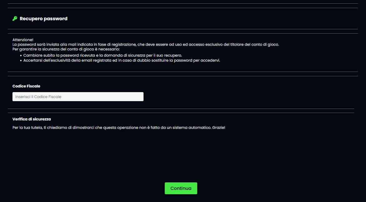 Modulo queen casino password dimenticata con campo email per inserire l'indirizzo registrato, indicazione del link di ripristino temporaneo inviato via email e passaggi per la creazione della nuova password sicura