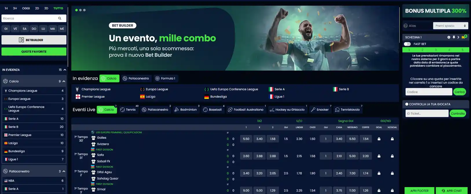 Pagina scommesse prematch Queen Casino con lista eventi calcio Serie A e Champions League, quote decimali aggiornate e mercati espandibili per handicap, totali e scommesse sui giocatori